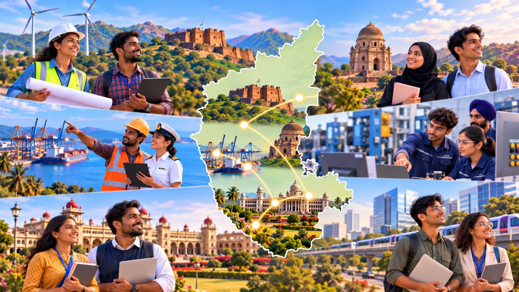 ಕರ್ನಾಟಕದ ನಕ್ಷೆಯ ಸುತ್ತ ಪವನ ವಿದ್ಯುತ್ ಕೇಂದ್ರ, ಬಂದರು, ಕಾರ್ಖಾನೆ, ಮೈಸೂರು ಅರಮನೆ ಮತ್ತು ಬೆಂಗಳೂರು ಮೆಟ್ರೋ ಮಾರ್ಗದ ಬಳಿ ಕೆಲಸದಲ್ಲಿರುವ ಯುವಜನರು